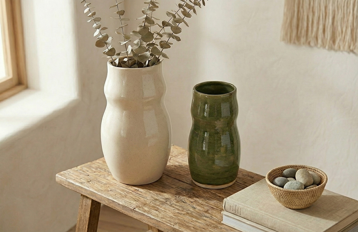 Two undulating vases in speckled cream and moss green glaze