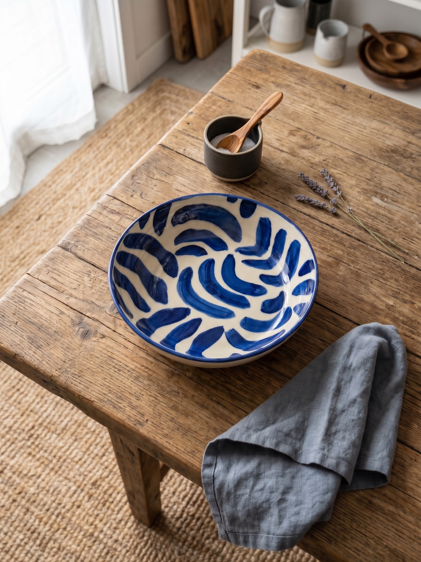 White stoneware bowl with a bold indigo brushstroke glaze on a wooden table