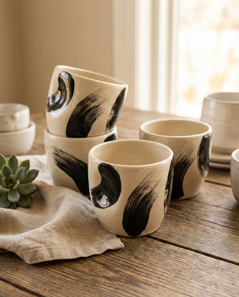 Handleless cream cups with sweeping black brushstrokes