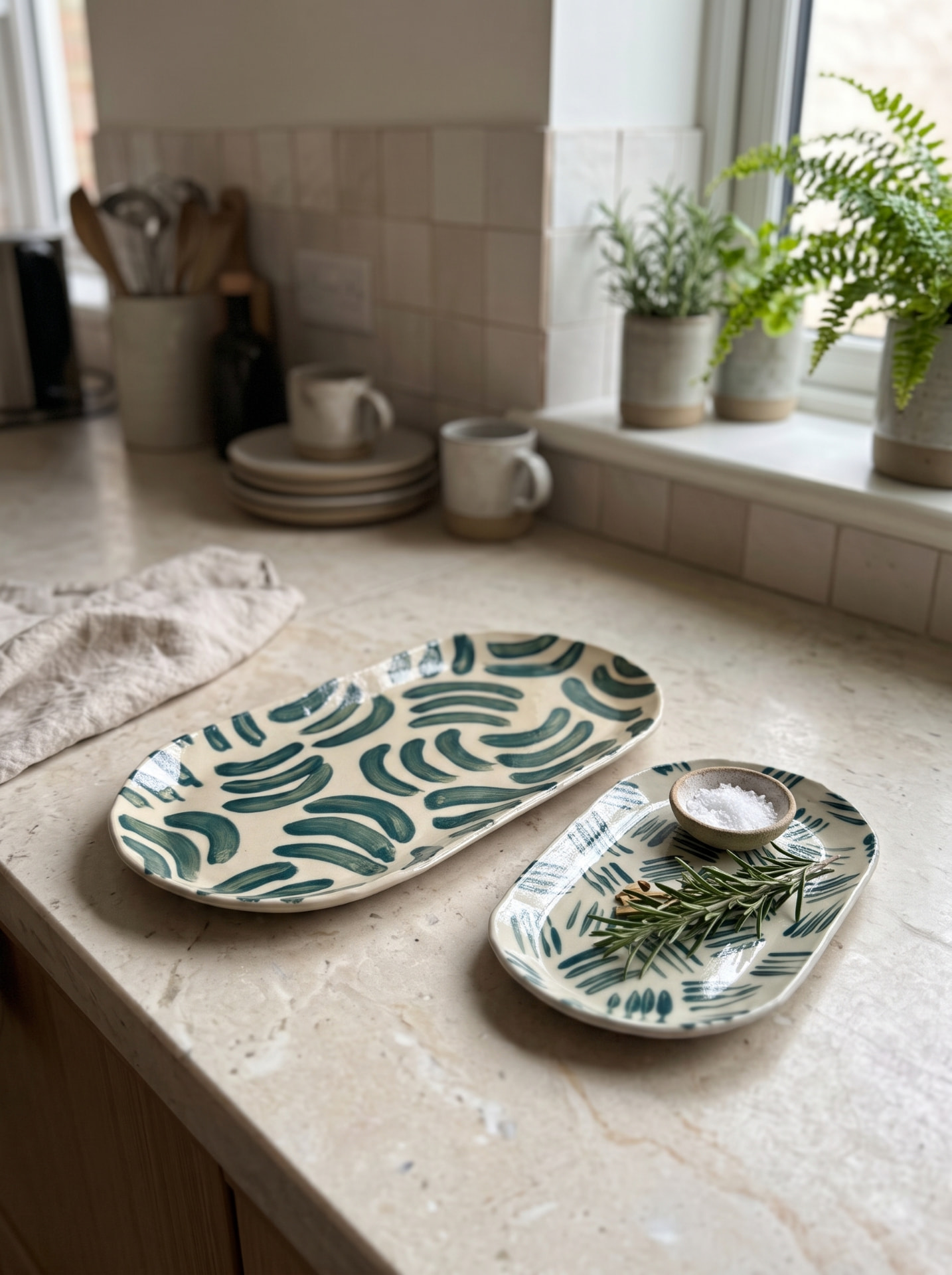 Two long hand-painted platters with green brushstrokes on a marble counter