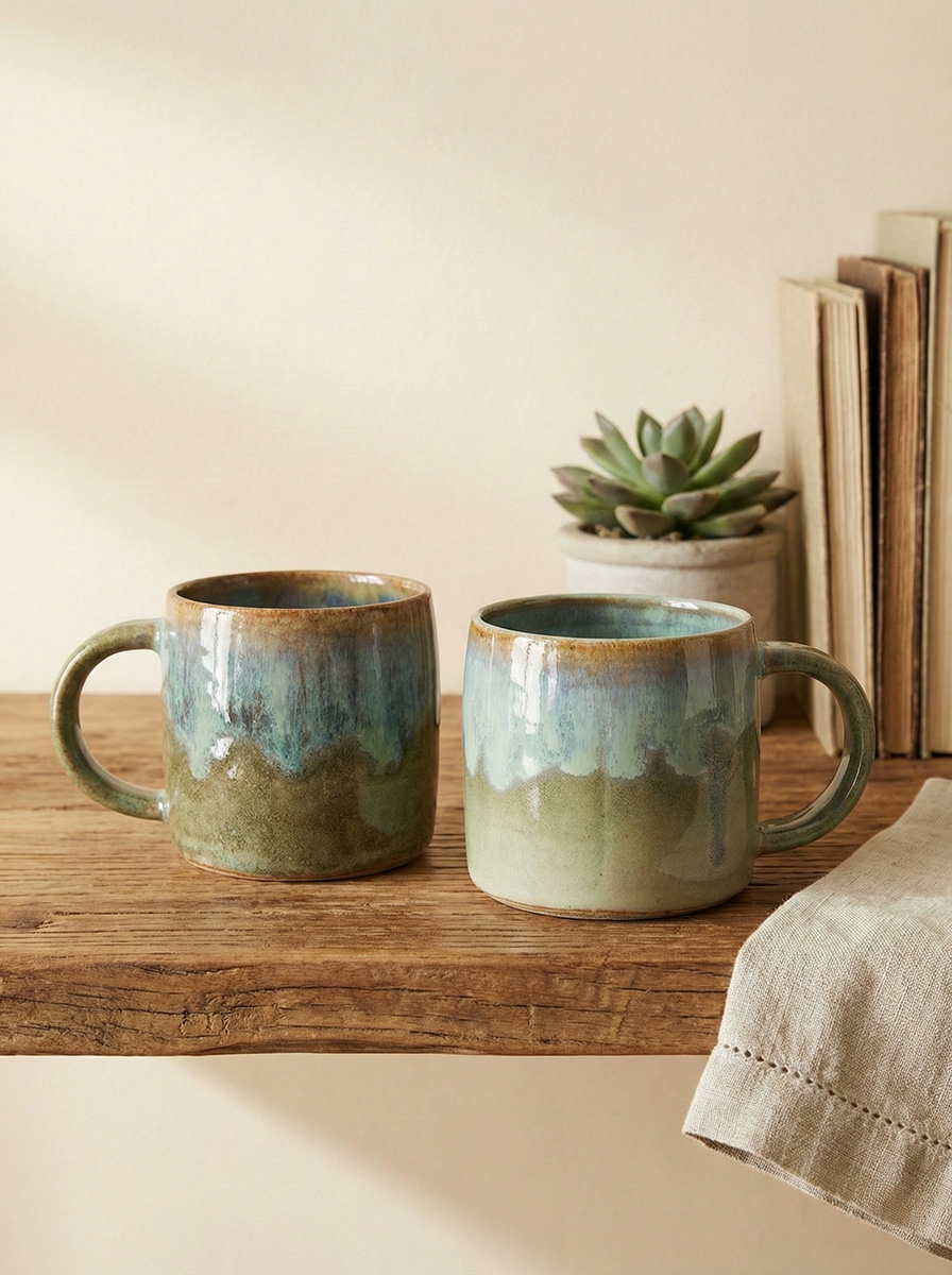 Two mugs in mottled olive green and turquoise glaze
