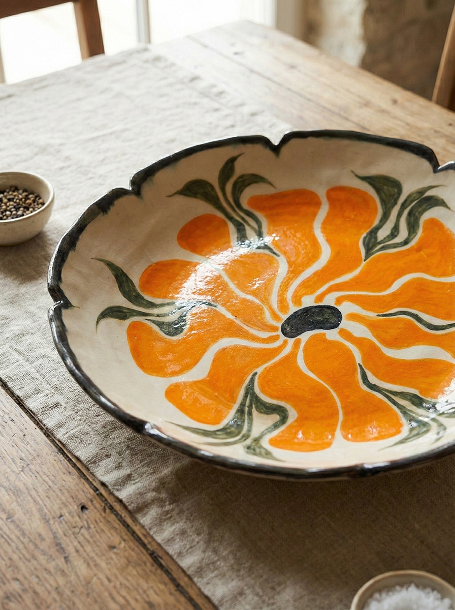 Shallow scalloped serving bowl painted with a large orange flower