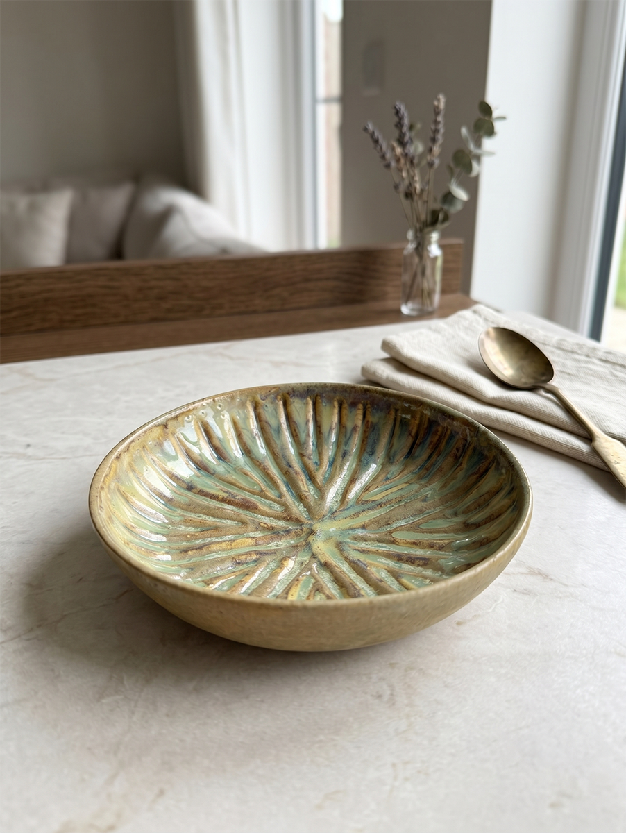 Hand-carved starburst-rim dish in celadon and amber glaze