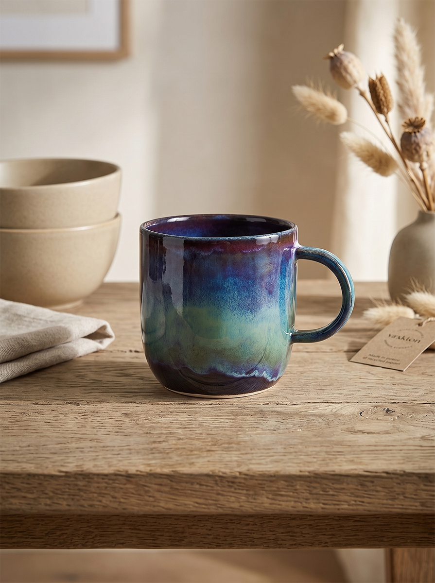 Ceramic mug in a glossy reactive glaze of purple, blue and teal