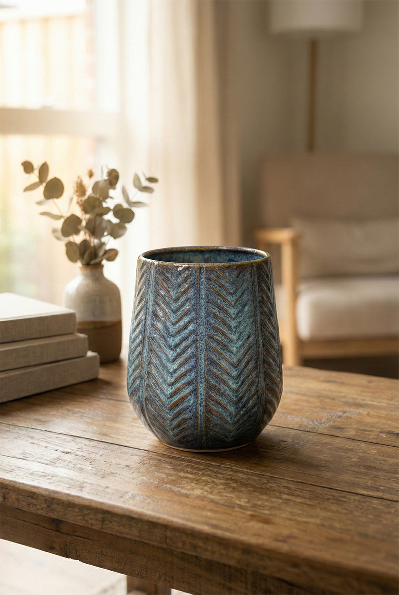 Barrel-shaped vase carved with herringbone patterns in blue and brown glaze