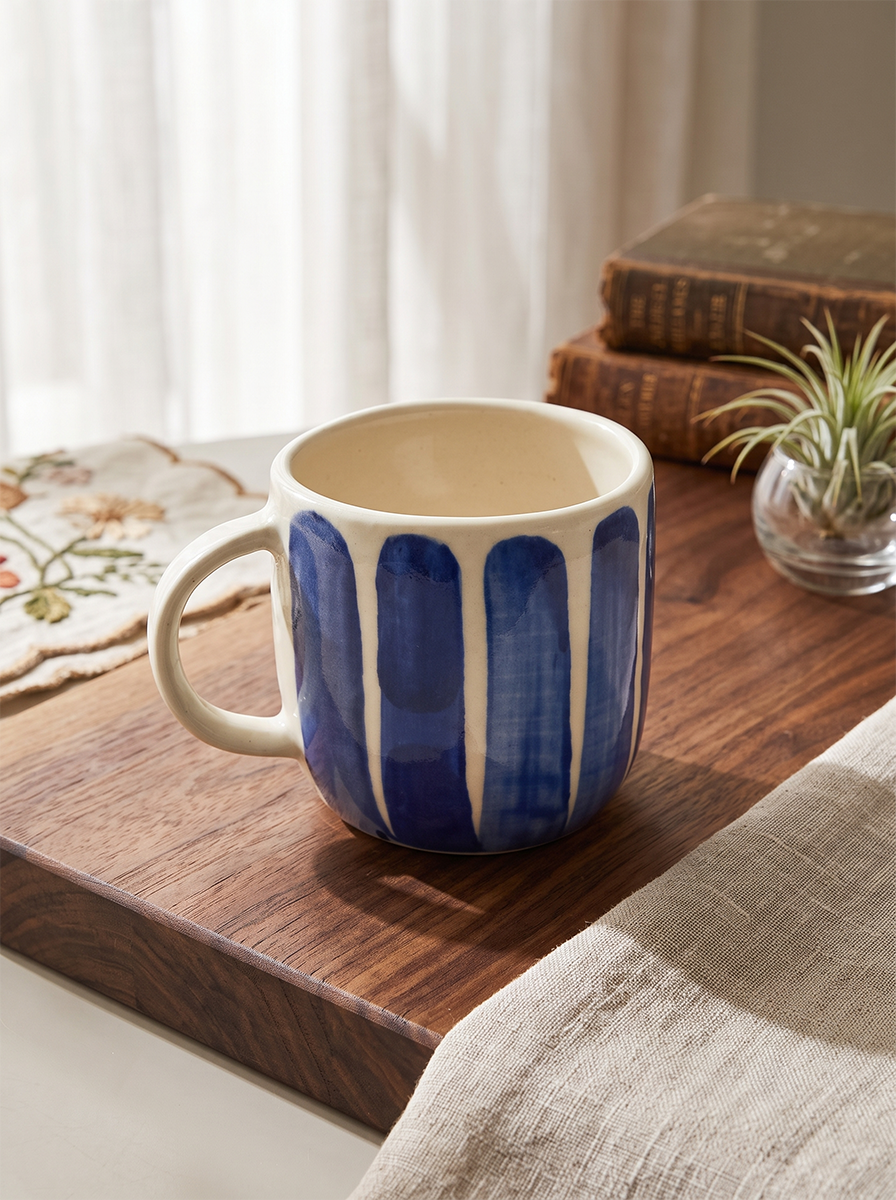 Cream mug painted with wide cobalt blue stripes