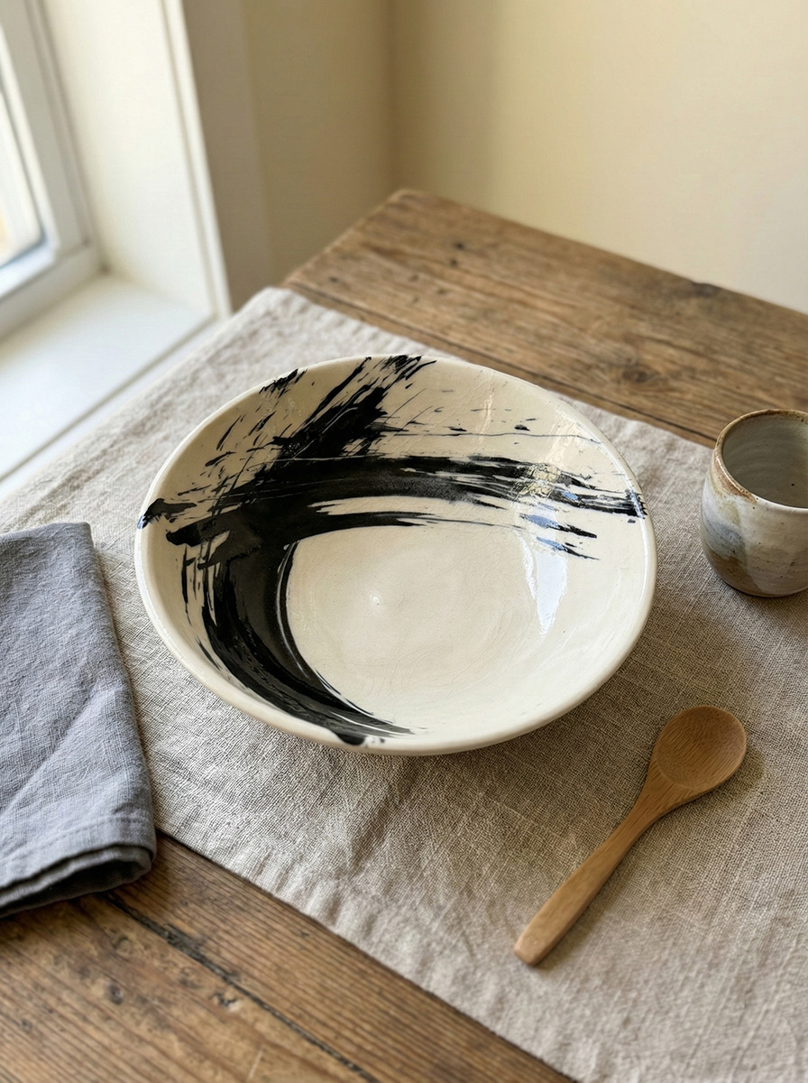 White stoneware bowl with a loose black ink-wash brushstroke