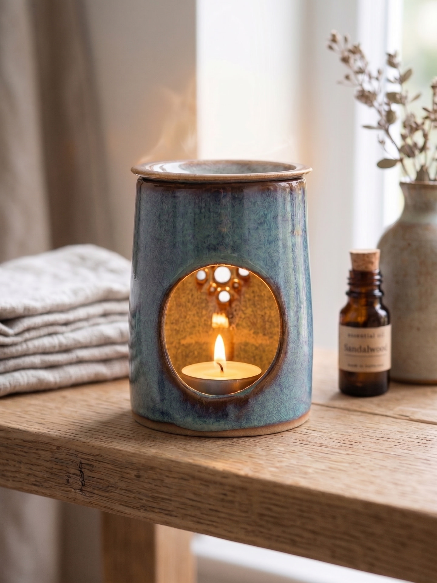 Tall storm-blue ceramic oil burner with a lit tealight