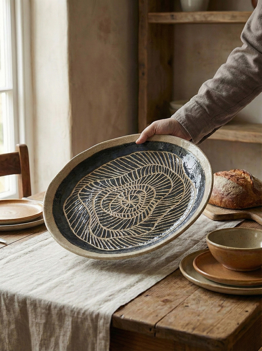 Dark glazed platter carved with a concentric spiral pattern